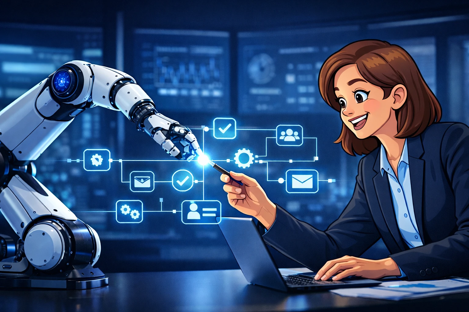 Woman working with a robot